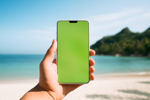 Person holding green screen chromakey smartphone on tropical vacation time off on holidays hand