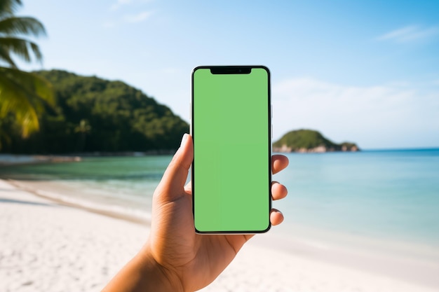 Foto persona con schermo verde chromakey smartphone in vacanza tropicale tempo libero in vacanza mano