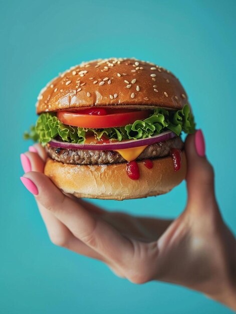 a person holding a hamburger in their hand