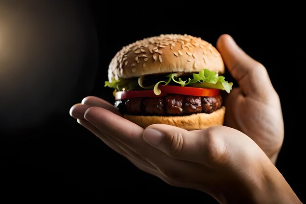 Photo a person holding a hamburger with a black background