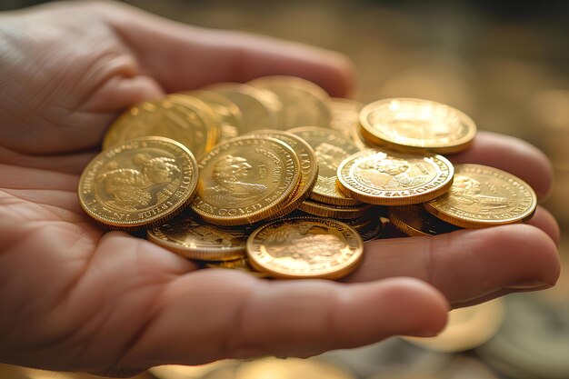 Photo a person holding a handful of gold coins in their hand with a blurred background of gold coins in