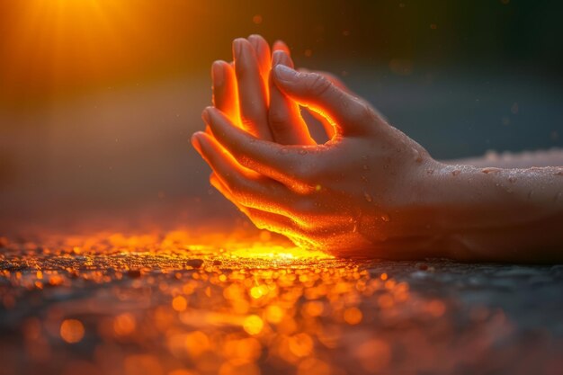 A person holding a handful of water in the sunlight