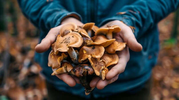 Photo a person holding a handful of wild porcini mushrooms their unique textures and earthy aroma promising a culinary adventure ar 169 job id 2d5b980963244cb0adfaf2c746b62dba