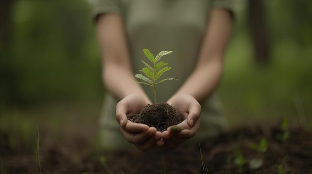 自然光のリサイクルセーブに囲まれた健康な緑の植物を手に持つ人