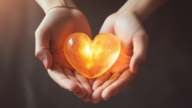 A person holding a heart shaped object with glowing light ai