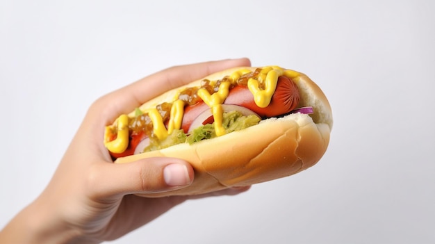 A person holding a hot dog with mustard on it