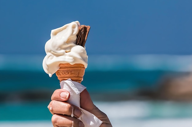 A person holding an ice cream cone that says " ice cream " on it.