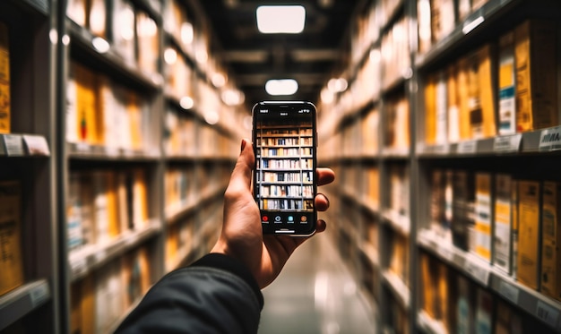 Person holding an iphone in front of a book shelf
