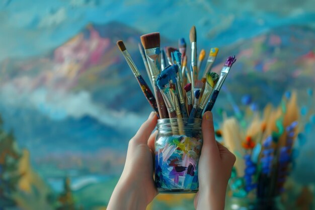 Person Holding a Jar Full of Paint Brushes