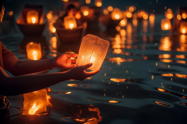 A person holding a lantern in the water at night