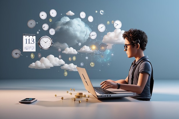 Person holding laptop with clock conversation cloud calendar statistics 3d rendering