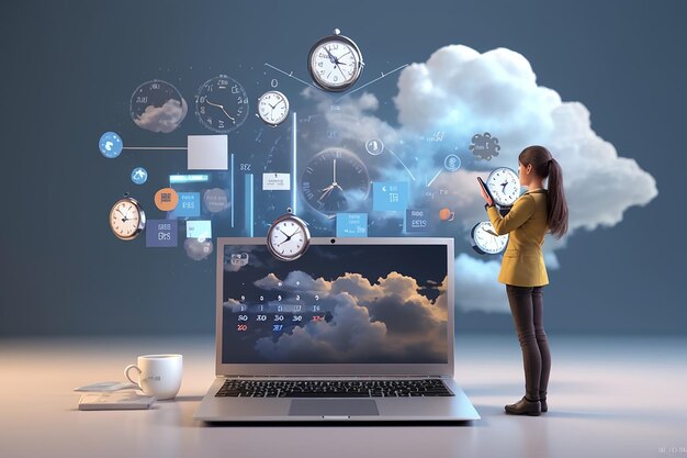 Person holding laptop with clock conversation cloud calendar statistics 3d rendering