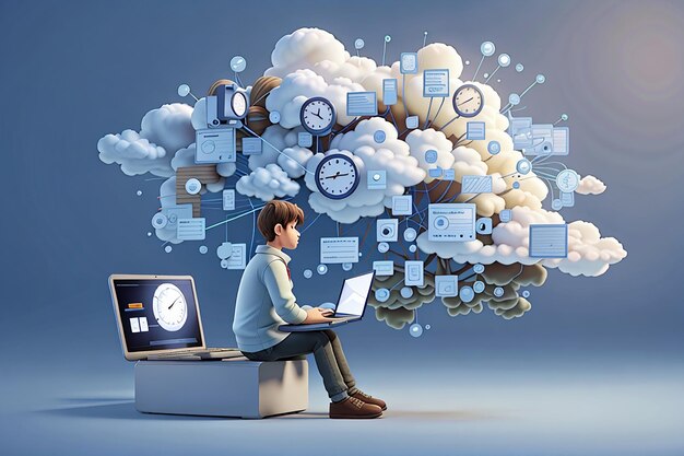 Person holding laptop with clock conversation cloud calendar statistics 3d rendering