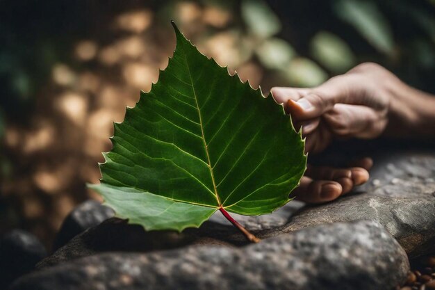 a person holding a leaf that has the word quot on it