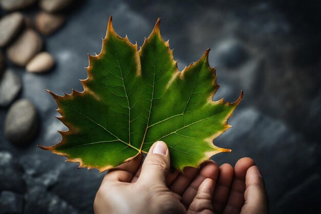 a person holding a leaf that has the word quot on it