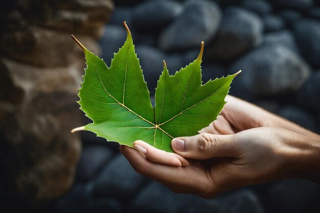 a person holding a leaf that has the word  on it