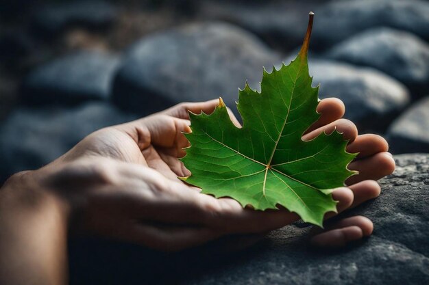 a person holding a leaf that has the word  on it