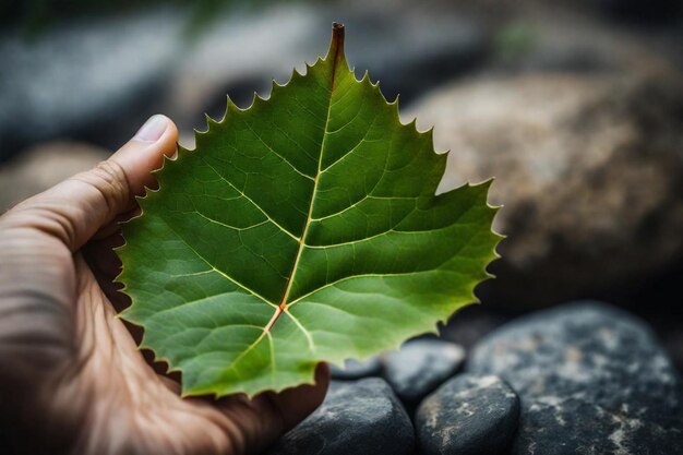 a person holding a leaf that has the word  leaf  on it