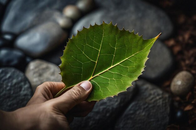 a person holding a leaf that has the word quot t quot on it