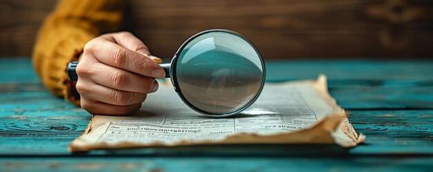 Photo person holding a magnifying glass over fine background