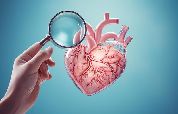 человек, держащий увеличительное стекло над иллюстрацией сердца в стиле фотореалистичной точности