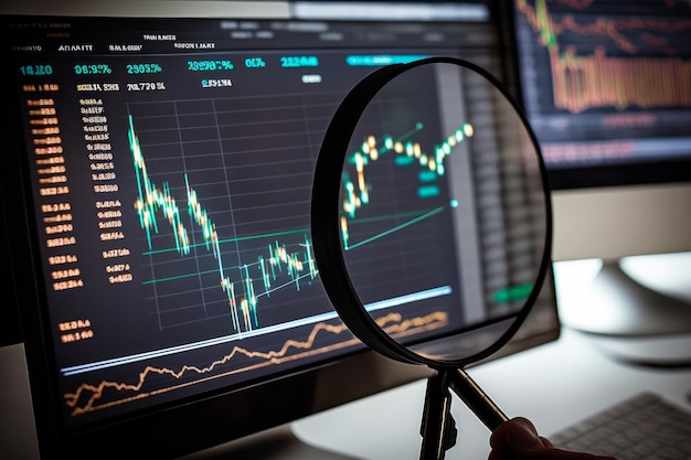 Person holding magnifying glass looking at computer screen with stock chart on it Generative AI