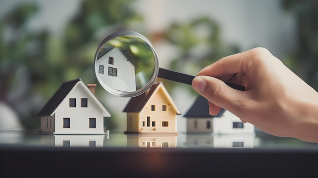 A person holding a magnifying glass over a row of houses.