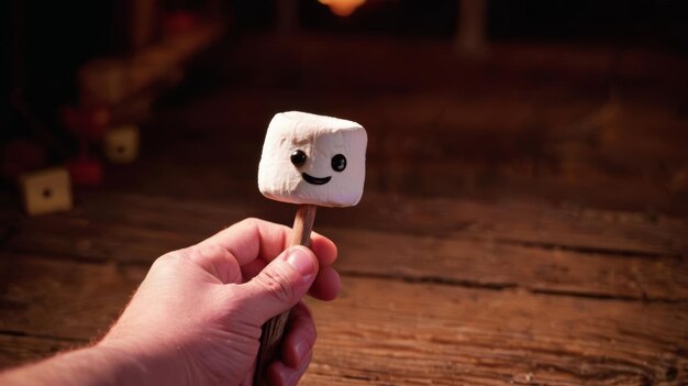 Photo person holding marshmallow with smiley face