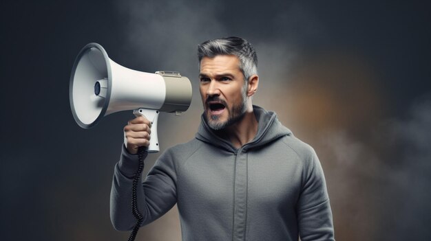 Foto persona che tiene un megaphone con lo sfondo