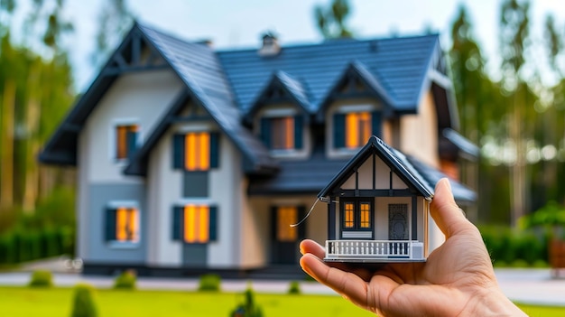 Photo a person holding a model house in front of a green lawn