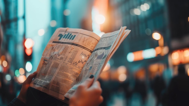 Foto persona in possesso di un giornale con pagine di borsa