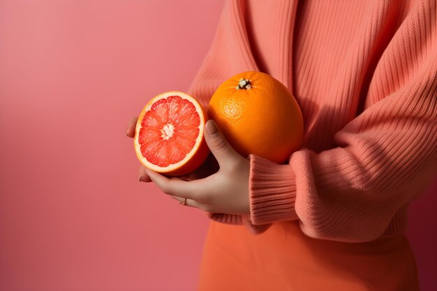 A person holding an orange and an grapefruit