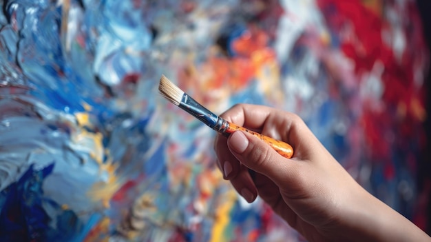 A person holding a paint brush in front of a painting.