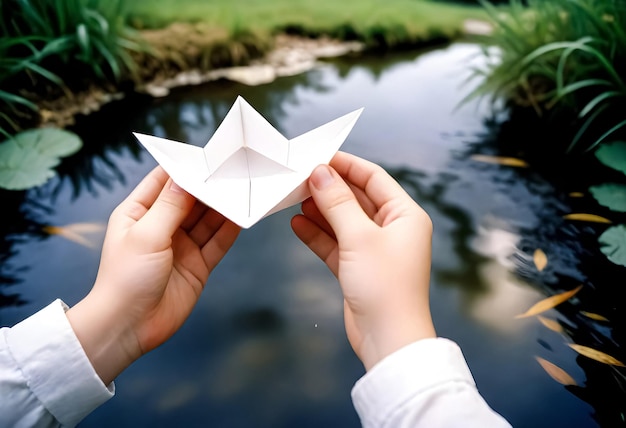 a person holding a paper boat in front of a pond