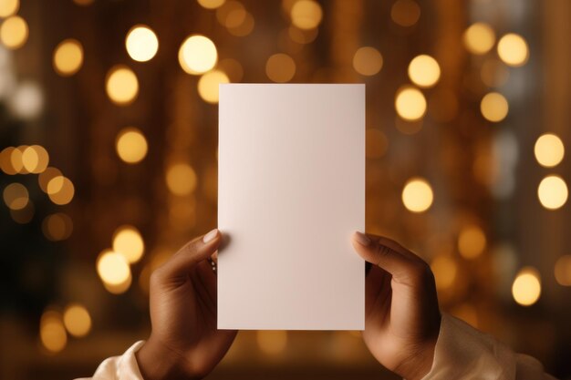 Photo person holding paper with christmas lights background