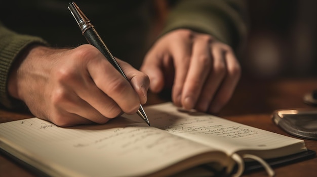 A person holding a pen and writing on a notebook