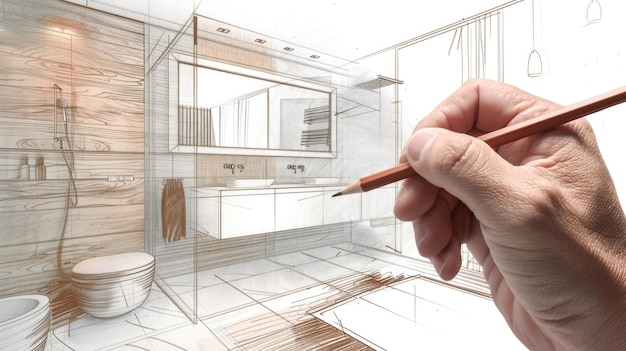 Foto persona che tiene una matita davanti a un disegno dettagliato del bagno ideale per i concetti di interior design