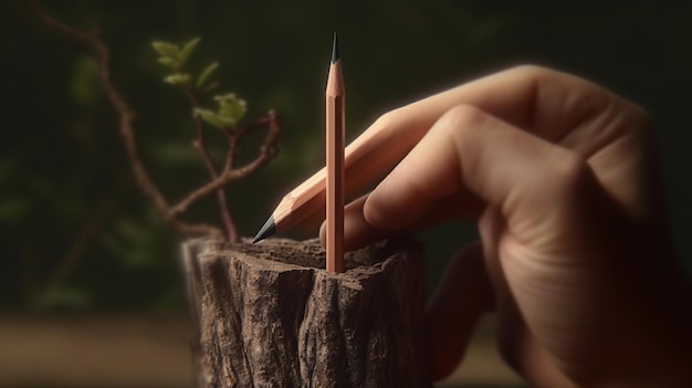 A person holding a pencil next to a tree stump