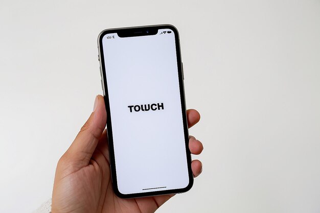 A person holding a phone that has a white screen that says quot touch quot on the screen