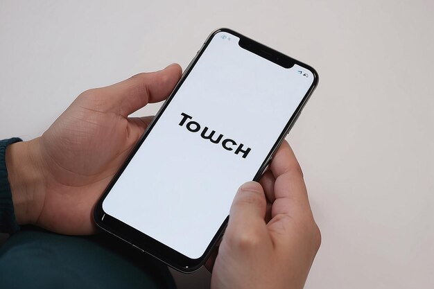 A person holding a phone that has a white screen that says quot touch quot on the screen