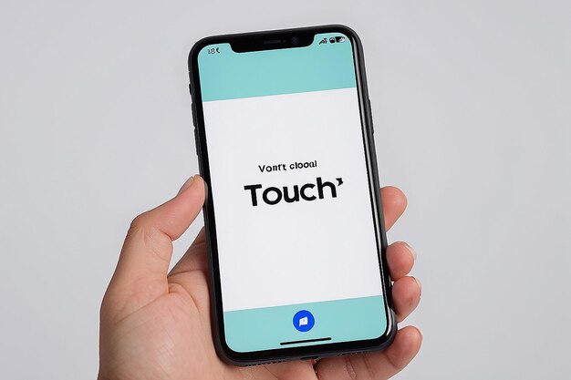 화면에 "touch quote"라는 색 화면을 가진 전화를 들고 있는 사람