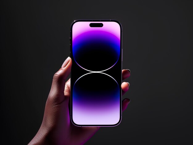 A person holding a phone in their hand with a purple and blue design on the screen and a black backg