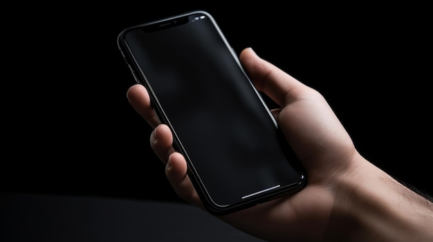 A person holding a phone with a black background