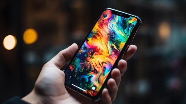 A person holding a phone with a colorful background