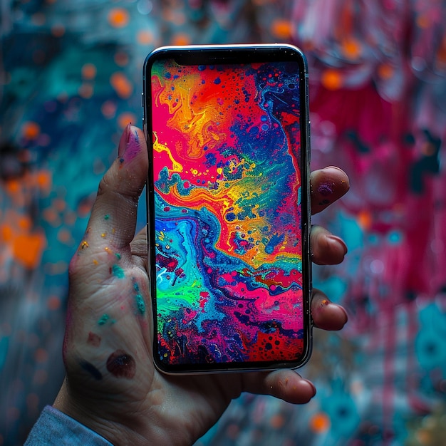 Photo a person holding a phone with the colorful screen showing the colors of the rainbow