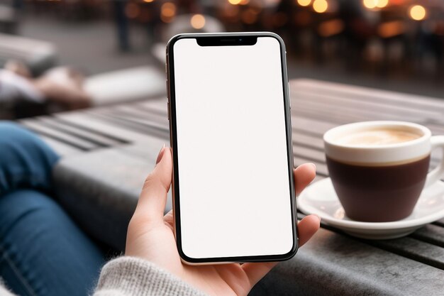 A person holding a phone with a cup of coffee and a coffee cup