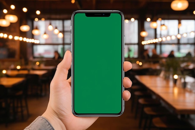 a person holding a phone with a green screen