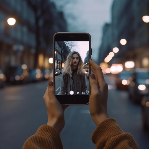 человек держит телефон с фотографией блондинки