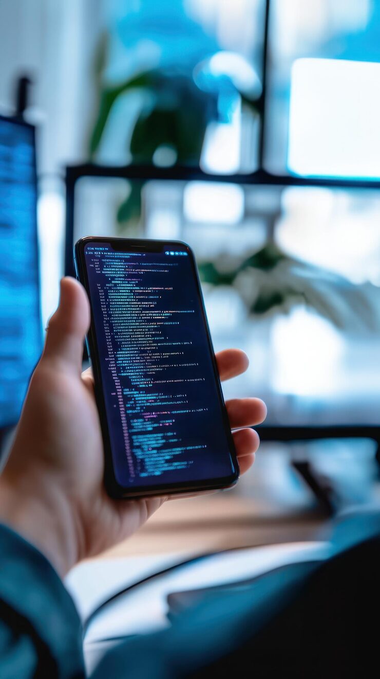 Photo person holding a phone with screen displaying computer code coding accessibility online programming programming workshops