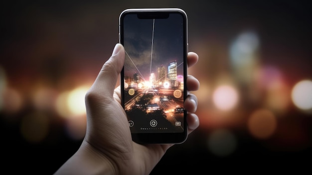 A person holding a phone with the screen showing a city at night.